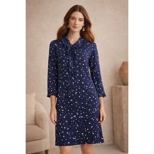 Kate Spade Large Navy Silk Dress Blue Star Print Tie Neck 3/4 Sleeve Ruffle Work